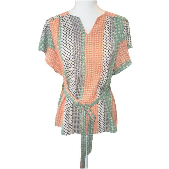 Faith and Joy Tops - Faith and Joy Striped Patchwork Blouse Belted Waist Flutter Sleeve Size M